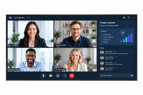 Widescreen-Display-mit-Videokonferenz-Oberflaeche